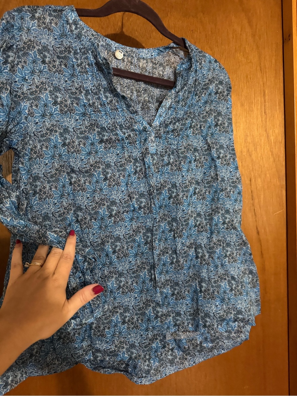 Blue Floral V-Neck Women's Blouse